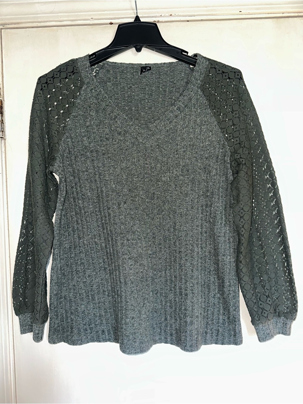 T.J.Maxx Olive Green V-Neck Sweater with Lace Sleeves